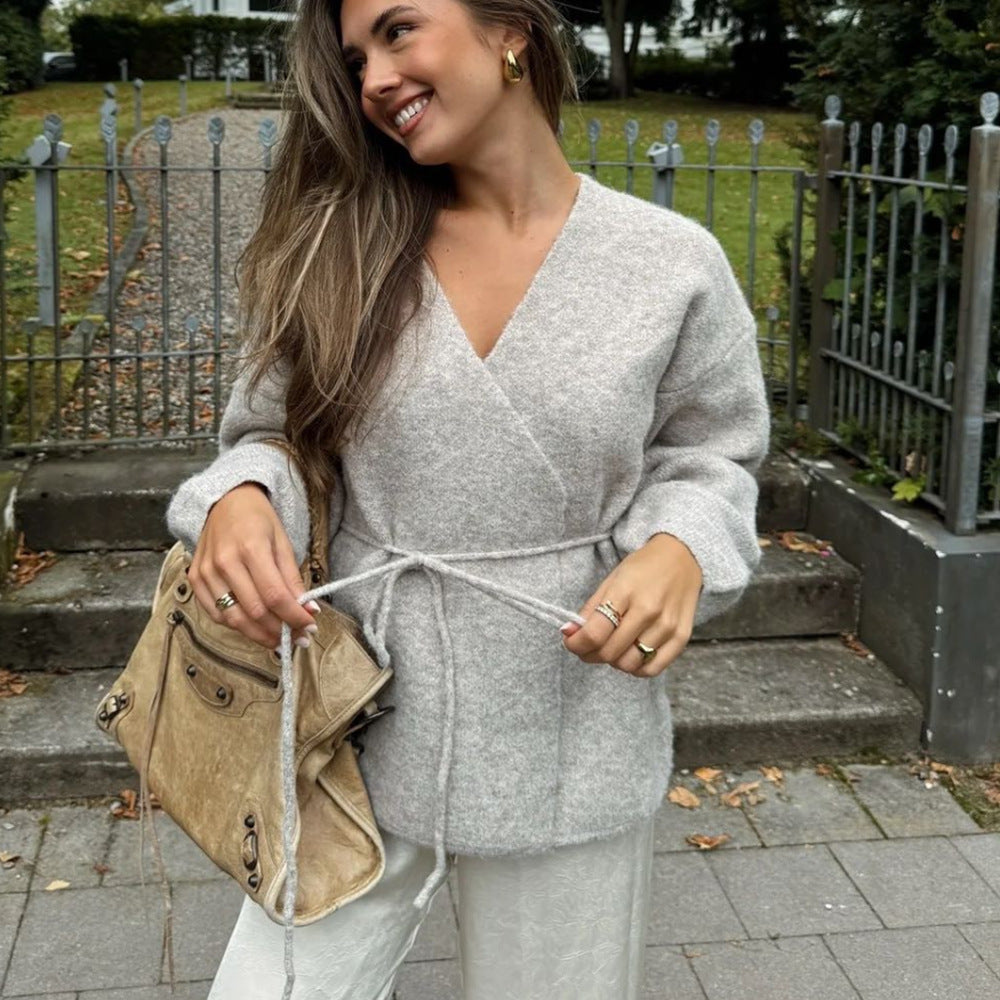 Pull cardigan simple en laine avec ceinture pour l'automne et l'hiver