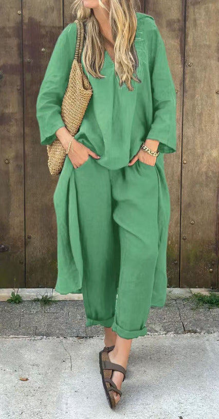 Ensemble 2 pièces à col en V et poches, couleur unie, ample