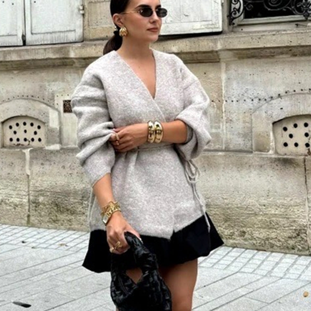 Pull cardigan simple en laine avec ceinture pour l'automne et l'hiver