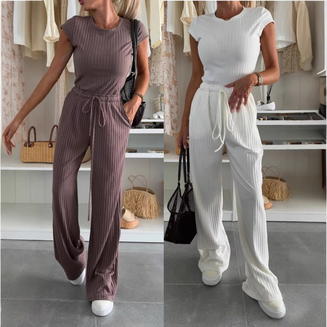 Chemise à manches courtes en tricot texturé, pantalon large, couleur unie, costume décontracté