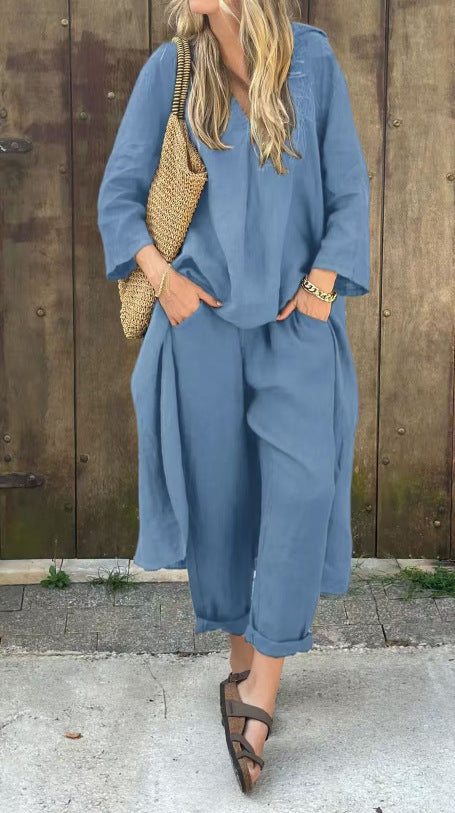 Ensemble 2 pièces à col en V et poches, couleur unie, ample
