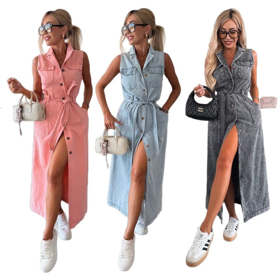 robe en jean sans manches avec une taille étroite