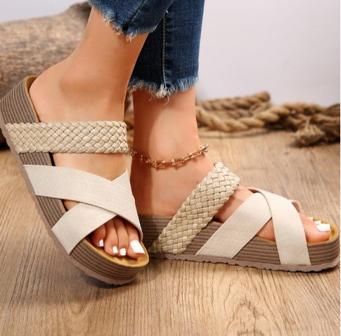 Sandales tissées décontractées à la mode de couleur unie