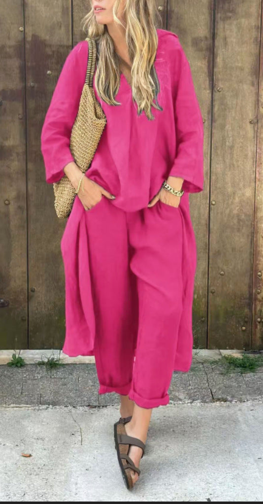 Ensemble 2 pièces à col en V et poches, couleur unie, ample