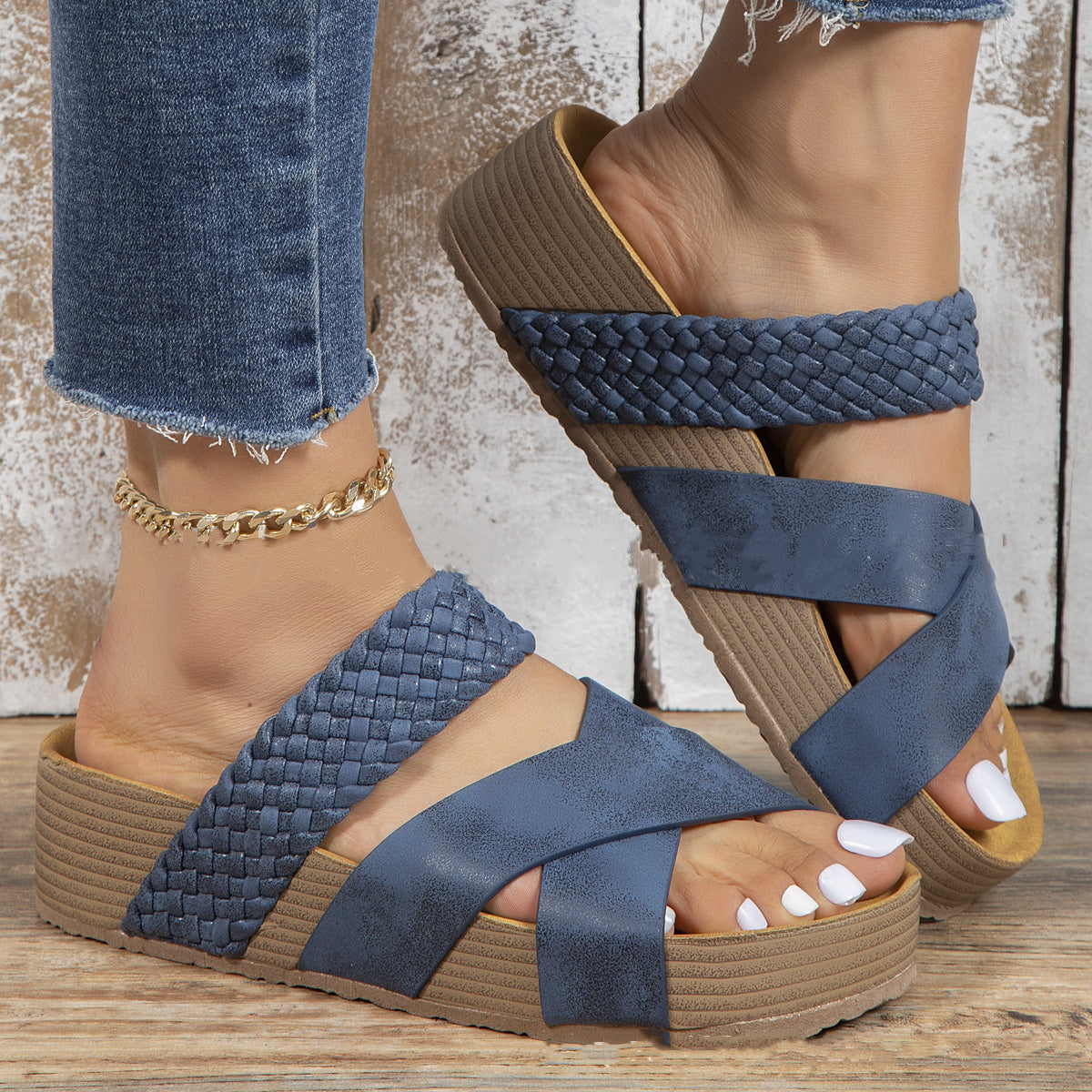 Sandales tissées décontractées à la mode de couleur unie