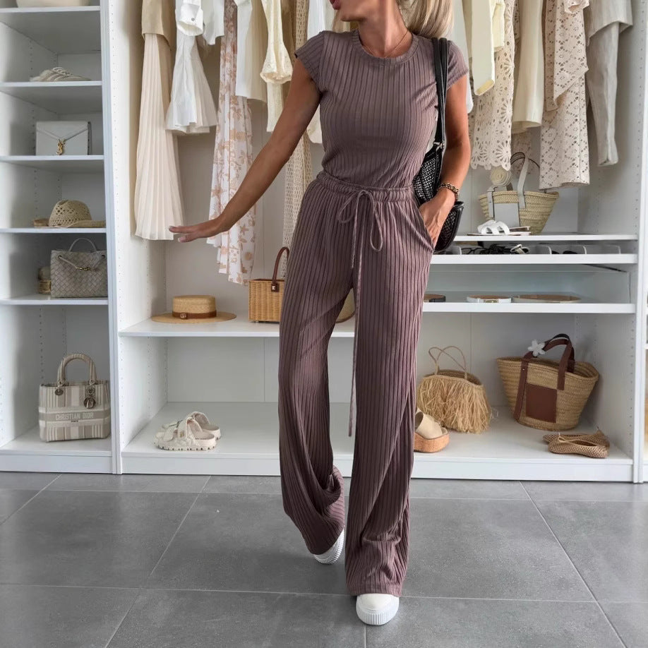 Chemise à manches courtes en tricot texturé, pantalon large, couleur unie, costume décontracté
