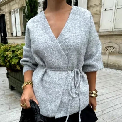 Pull cardigan simple en laine avec ceinture pour l'automne et l'hiver