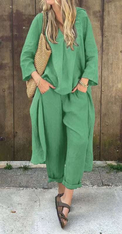 Ensemble 2 pièces à col en V et poches, couleur unie, ample