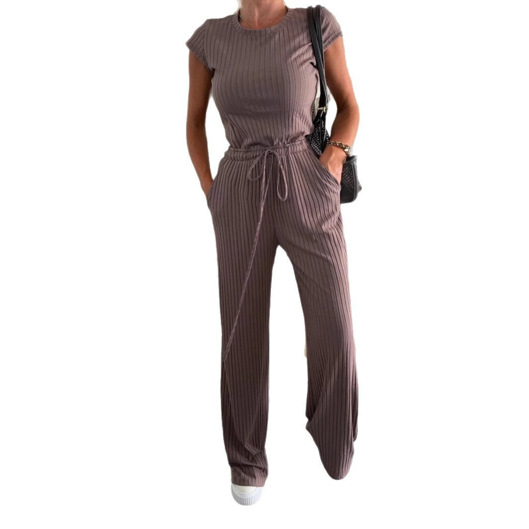 Chemise à manches courtes en tricot texturé, pantalon large, couleur unie, costume décontracté