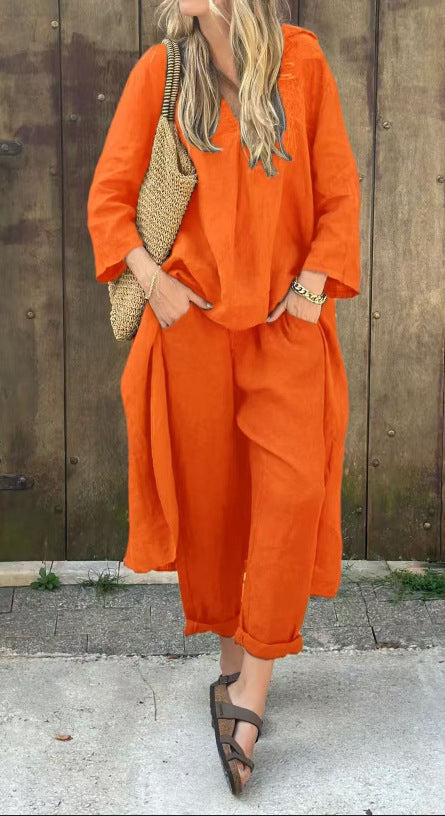 Ensemble 2 pièces à col en V et poches, couleur unie, ample