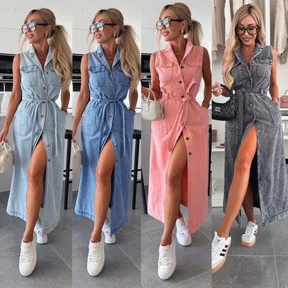 robe en jean sans manches avec une taille étroite