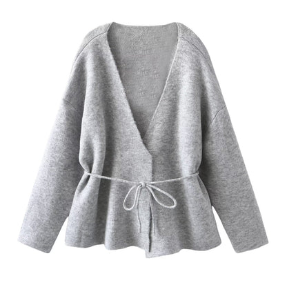 Pull cardigan simple en laine avec ceinture pour l'automne et l'hiver