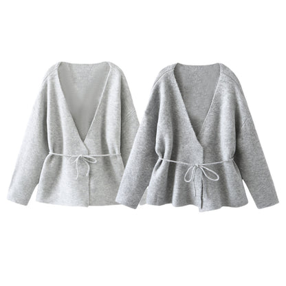 Pull cardigan simple en laine avec ceinture pour l'automne et l'hiver