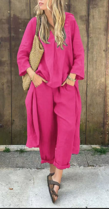 Ensemble 2 pièces à col en V et poches, couleur unie, ample