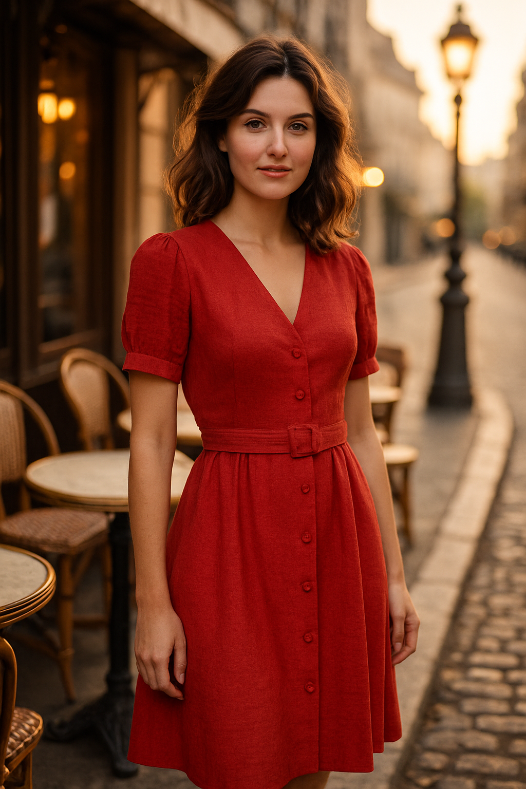 Robe Élégante Marron avec Ceinture - Numoco — red (vue 1)