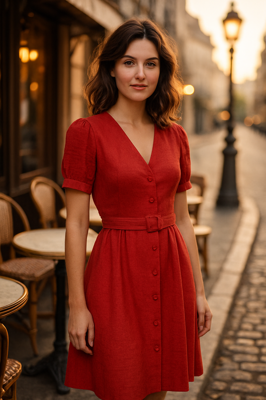 Robe Élégante Marron avec Ceinture - Numoco — red (vue 1)
