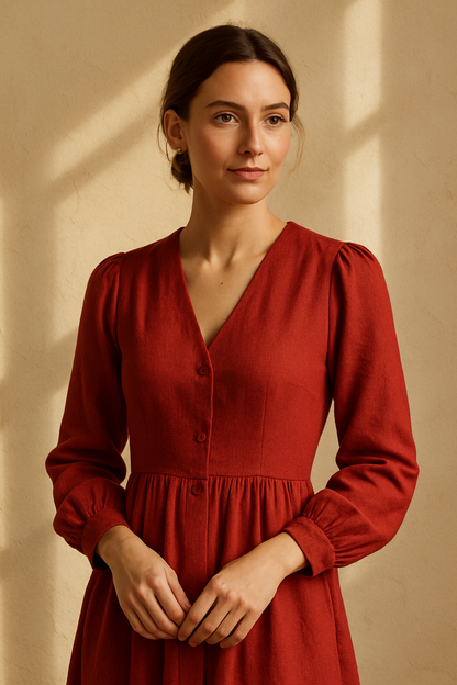 Robe Élégante Marron avec Ceinture - Numoco — red (vue 3)