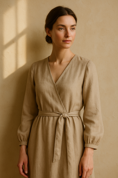 Robe Élégante Marron avec Ceinture - Numoco — beige (vue 3)