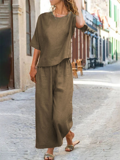 Costume deux pièces décontracté en lin pour femmes européennes et américaines, couleur unie